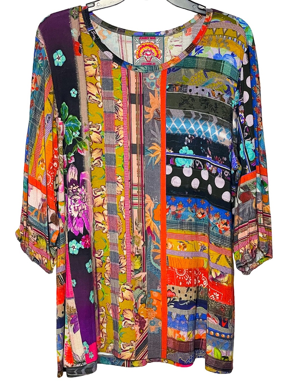 Johnny Was Sonnet Patchwork Puff Sleeve Bamboo Tunic Top Boho XL